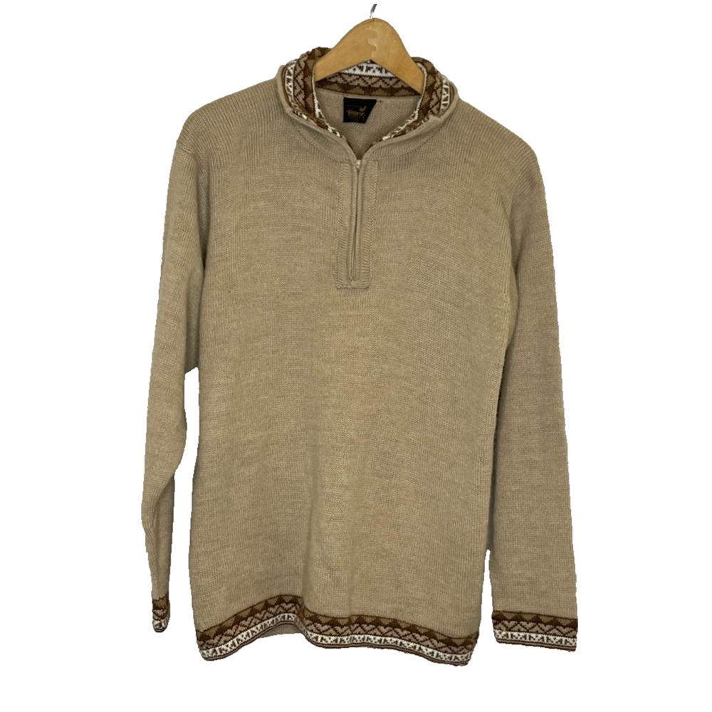 Men's Large Perez Alpaca Wool Quarter Zip Sweater Geometric Pattern Tan Peruvian